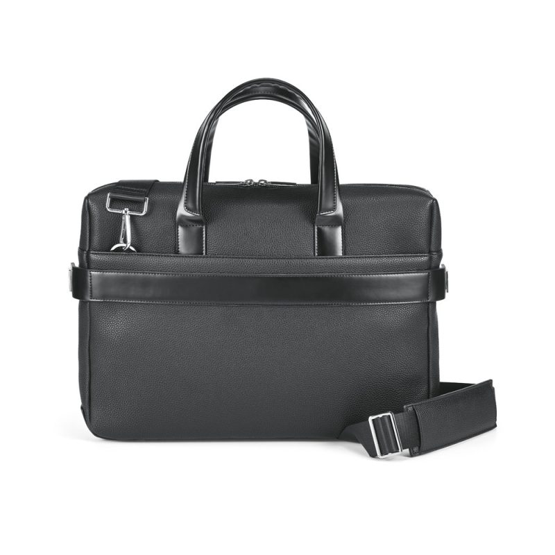 Black leather laptop bag with shoulder strap.