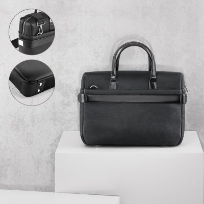 Black leather briefcase with strap and metal accents.