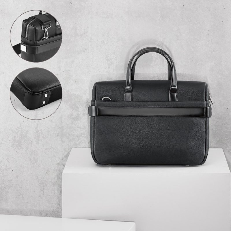 Black leather briefcase with strap and metal accents.