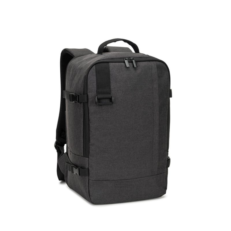 Black backpack with multiple compartments and zippers.