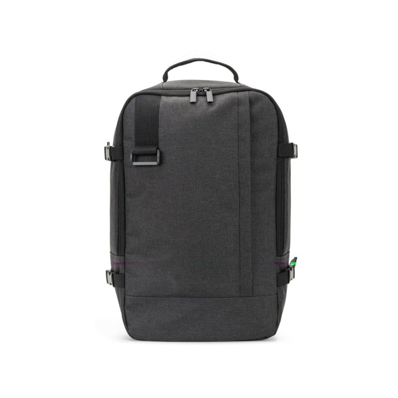 Stylish grey backpack with multiple compartments.