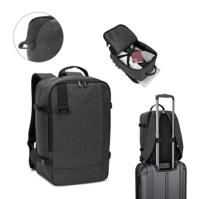 Black travel backpack with waterproof feature on suitcase.