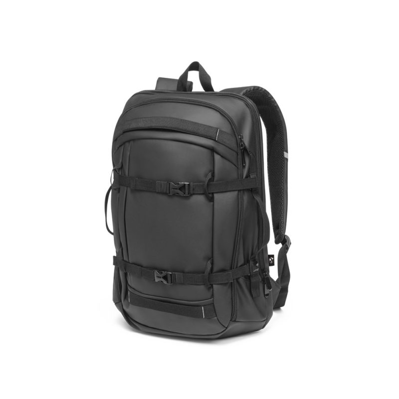 Sleek black backpack with multiple compartments and straps.