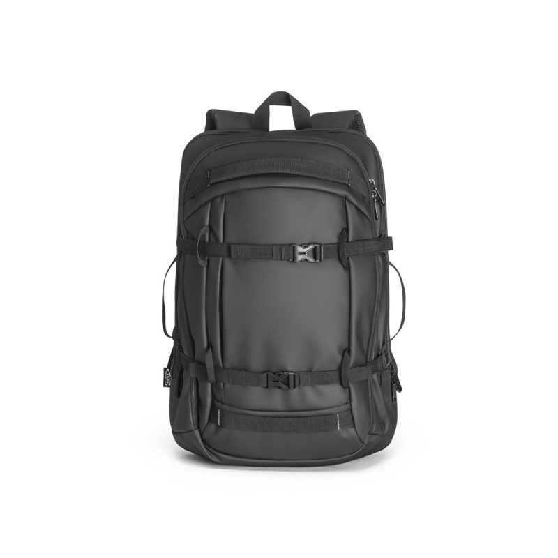Black backpack with multiple straps and pockets.