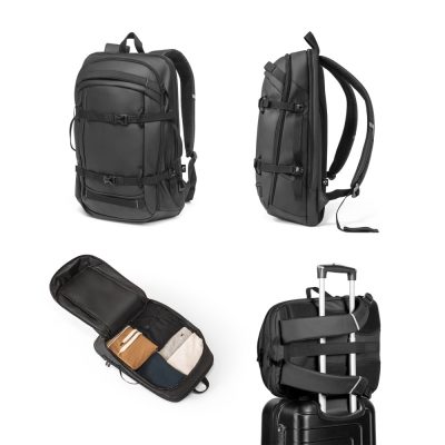 Black travel backpack with compartments and suitcase sleeve.