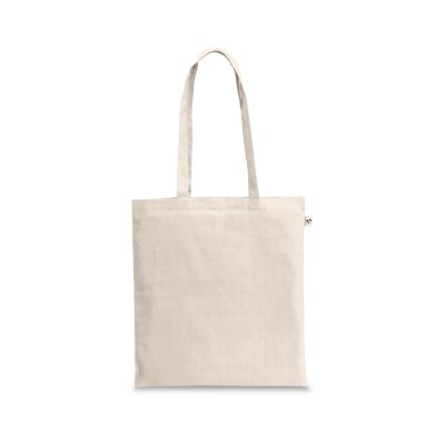 Plain white reusable tote bag on display.
