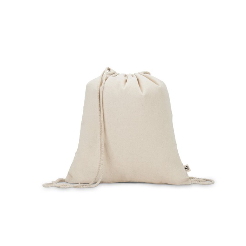 Eco-friendly cotton drawstring backpack on white background.