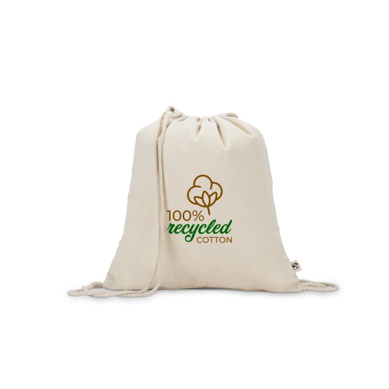 Eco-friendly recycled cotton drawstring bag.