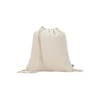 Beige cotton drawstring backpack on white background.