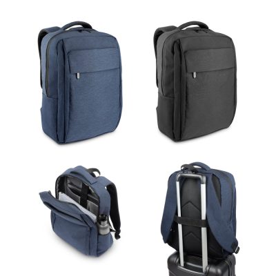 Blue and black backpacks with compartments and suitcase strap