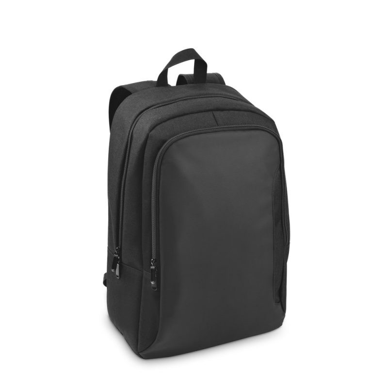 Black backpack with multiple compartments and zippers.