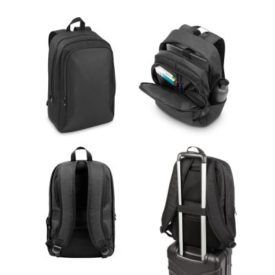 Black backpack with multiple compartments and trolley sleeve.
