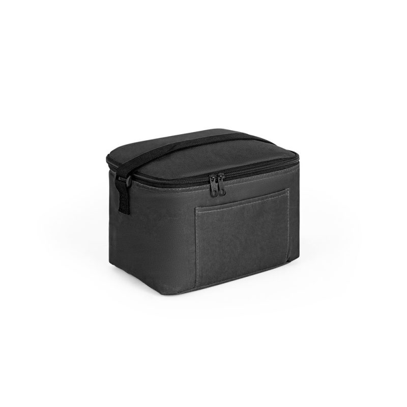 Black fabric lunch bag with front pocket and handle