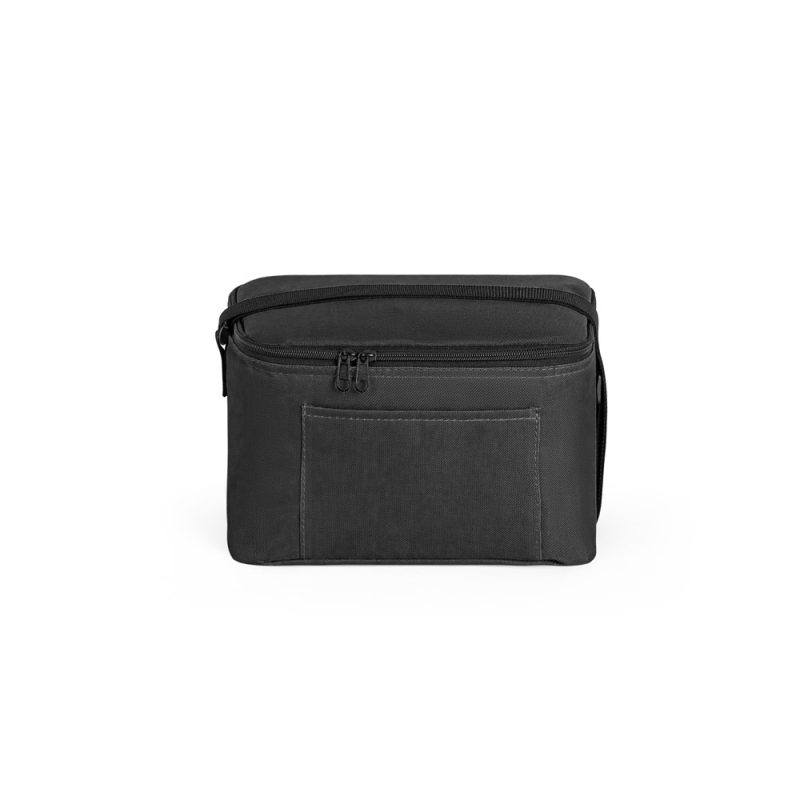 Black insulated lunch bag with zip closure.