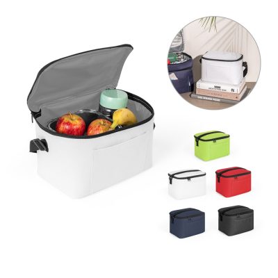 Colourful insulated lunch bags with food inside