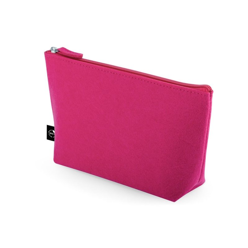 Pink zipped cosmetic pouch with black tag.