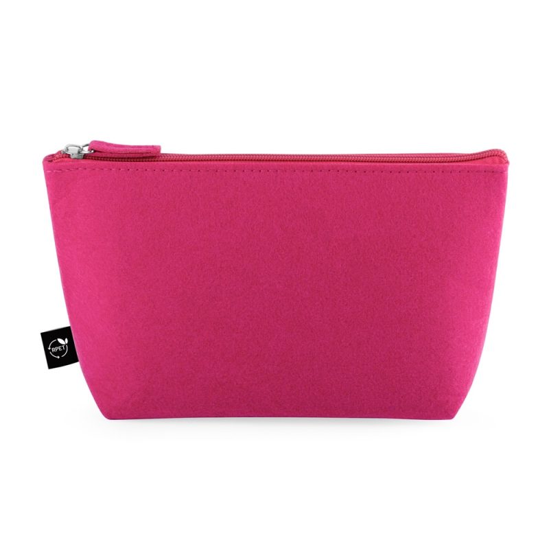 Bright pink cosmetic bag with zip closure.