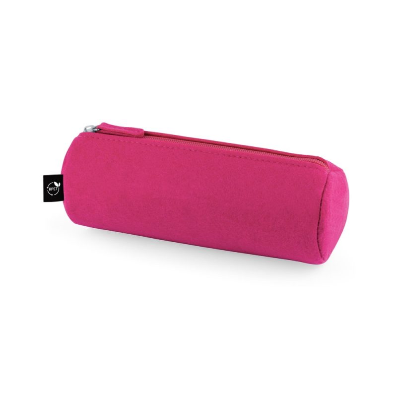 Pink pencil case with zip and black label.