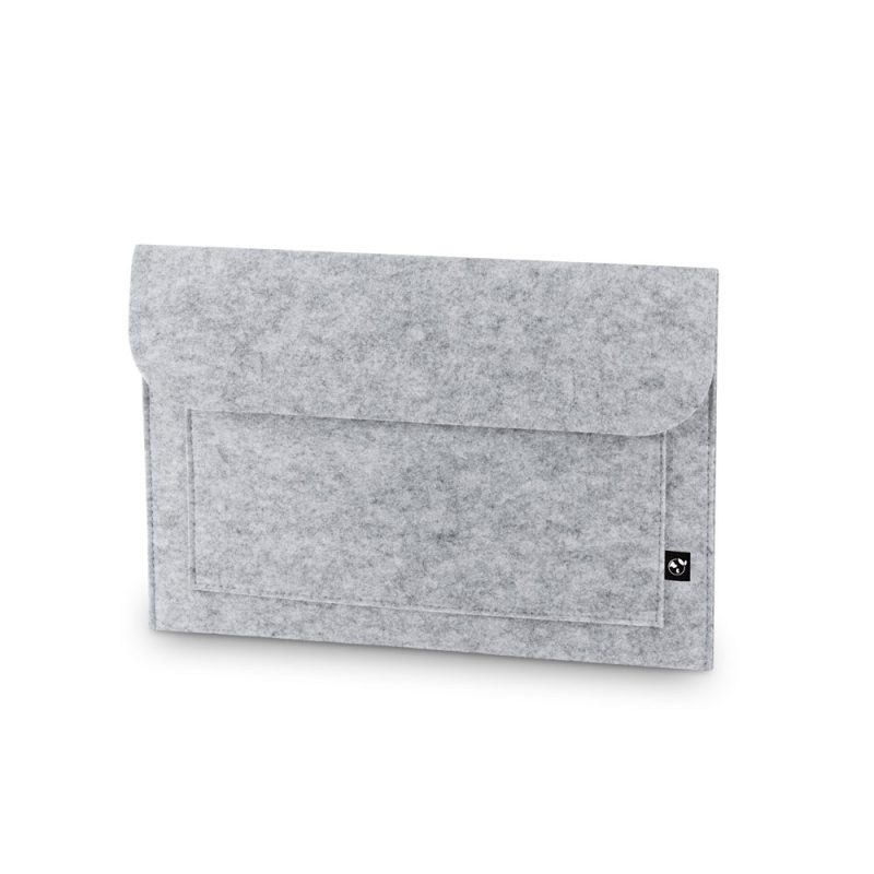 Grey felt laptop sleeve closed on white background.