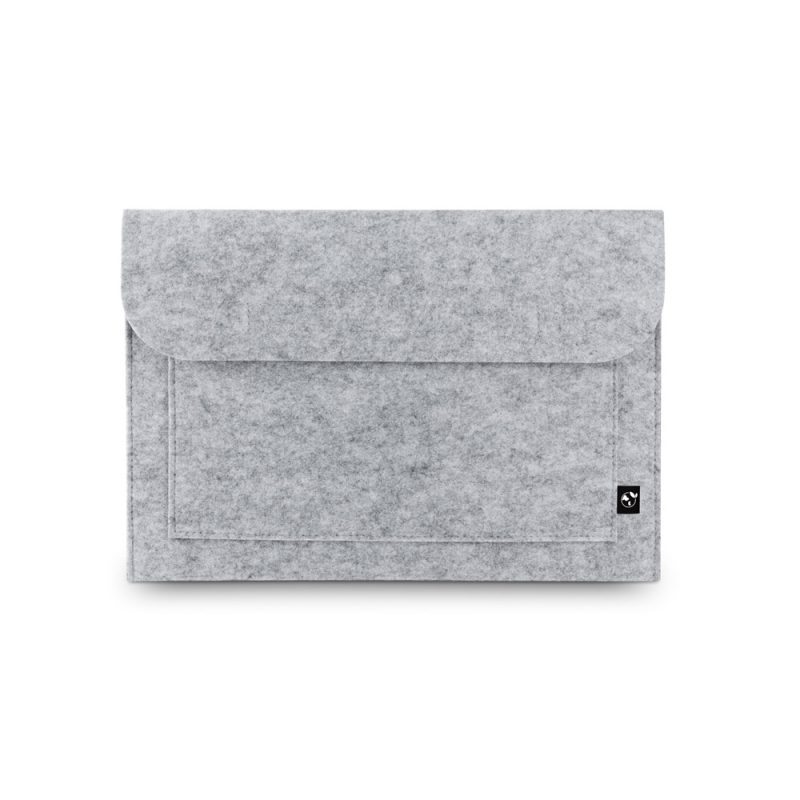 Grey felt laptop sleeve with flap closure.