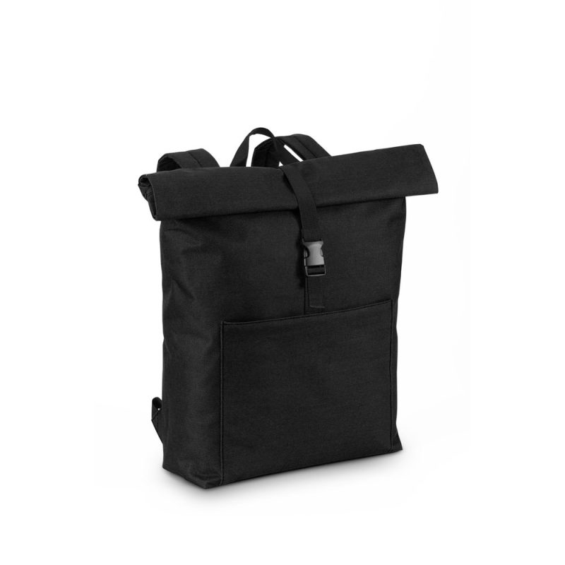 Black roll-top backpack with front pocket.