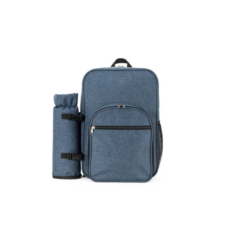 Blue picnic backpack with detachable bottle holder.