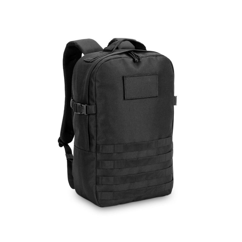 Black tactical backpack with multiple compartments