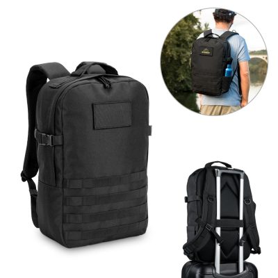 Black backpack with multiple compartments and straps.