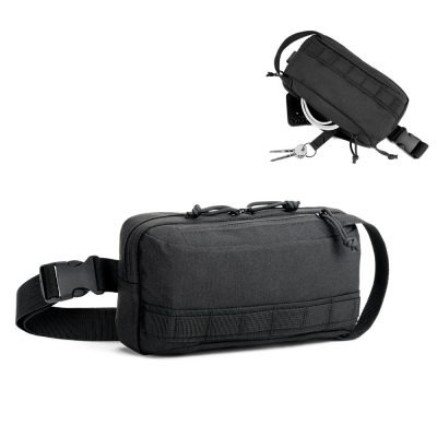 Black waist bag with zips and multiple compartments.