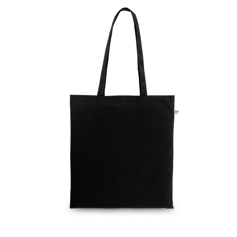 Black reusable tote bag with long handles.