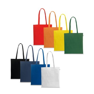 Colourful tote bags in various shades displayed.