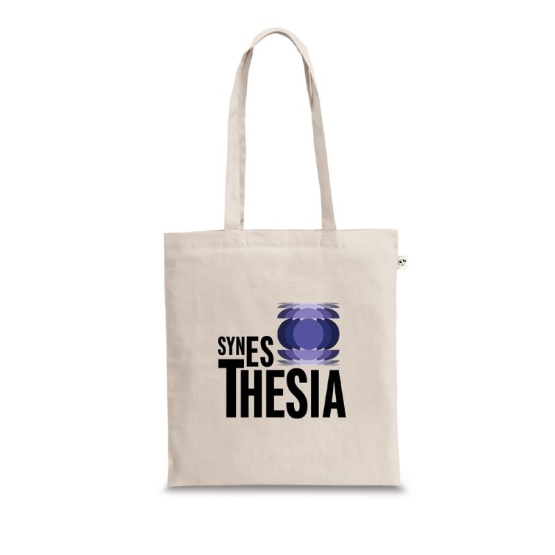 Tote bag with 'SYNESTHESIA' design.