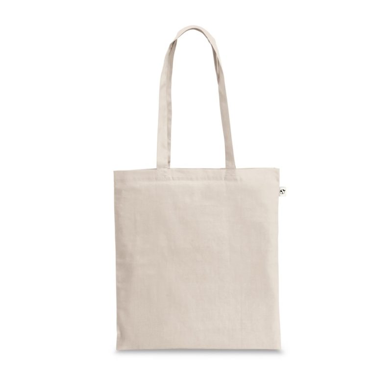 Plain beige tote bag with long handles.