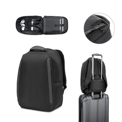 Black backpack with suitcase strap and water-resistant feature.