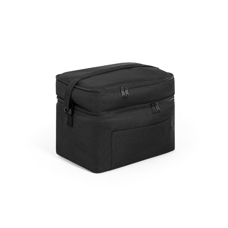 Black insulated lunch bag with zipper and handle.