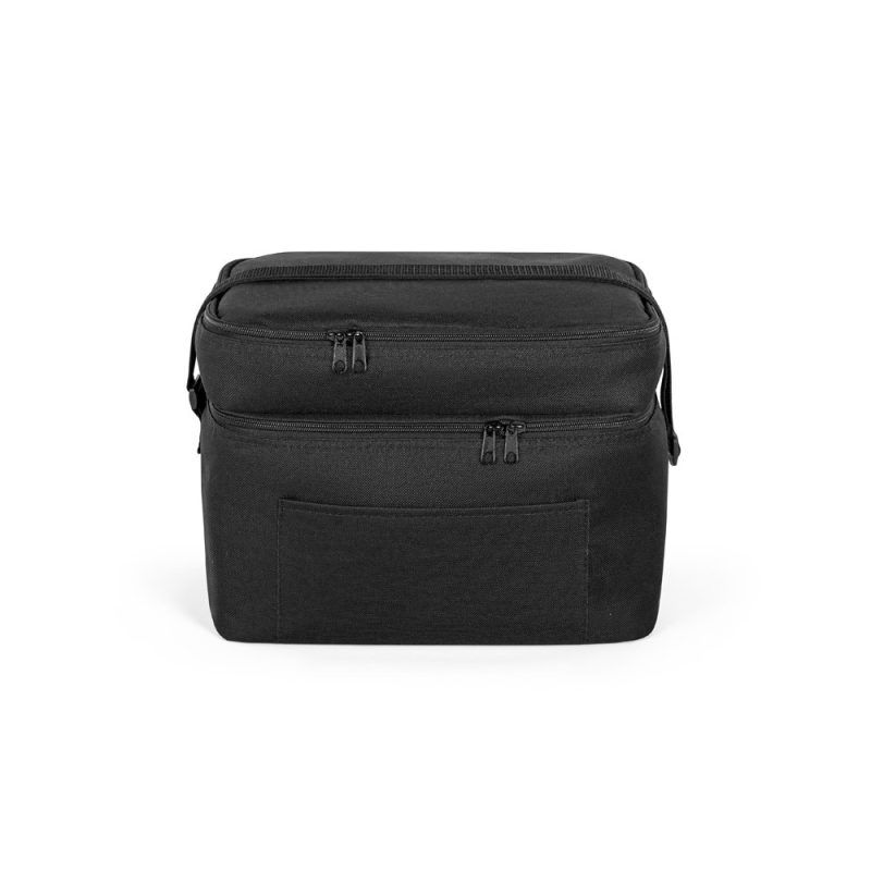Black camera bag with zippers and pocket.