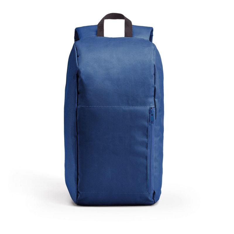 Blue backpack with front pocket and handle