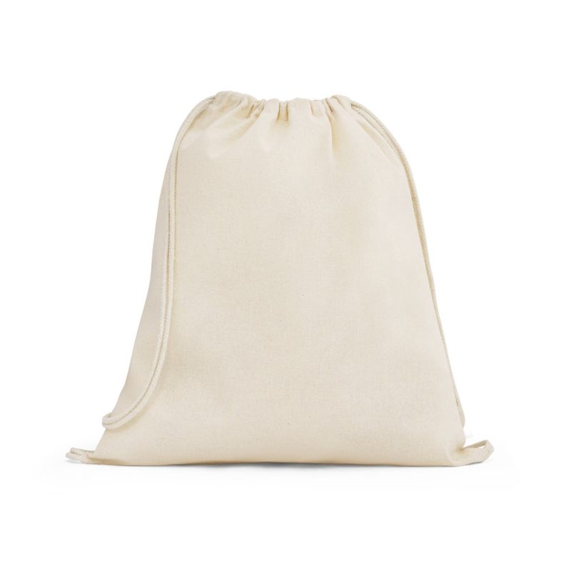 Beige drawstring bag on white background.