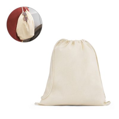 Cream drawstring bag with hanging sunglasses.
