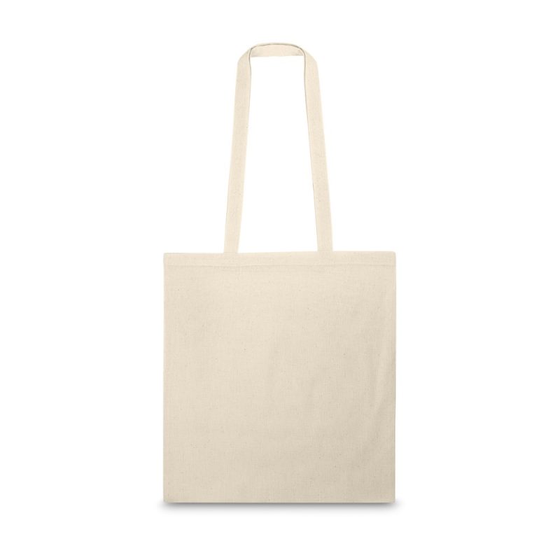 Plain beige tote bag with long handles.