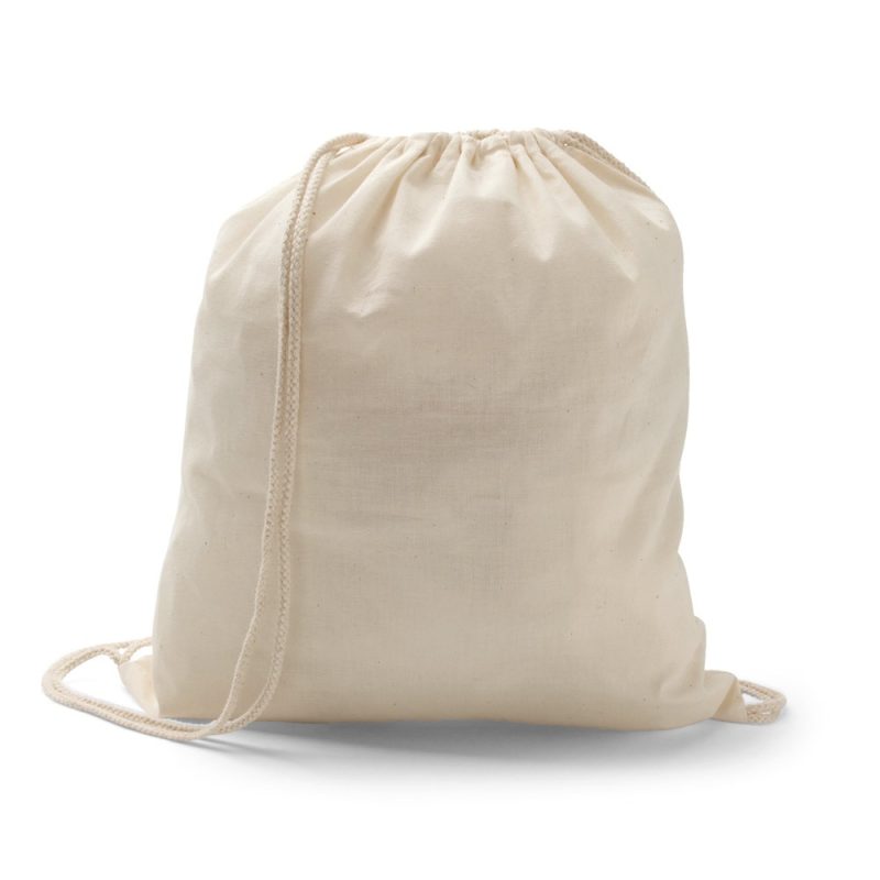 Natural cotton drawstring bag on white background.