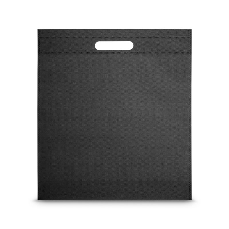 Black reusable bag with cutout handle.