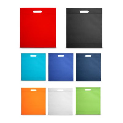Colourful reusable bags with handles displayed.