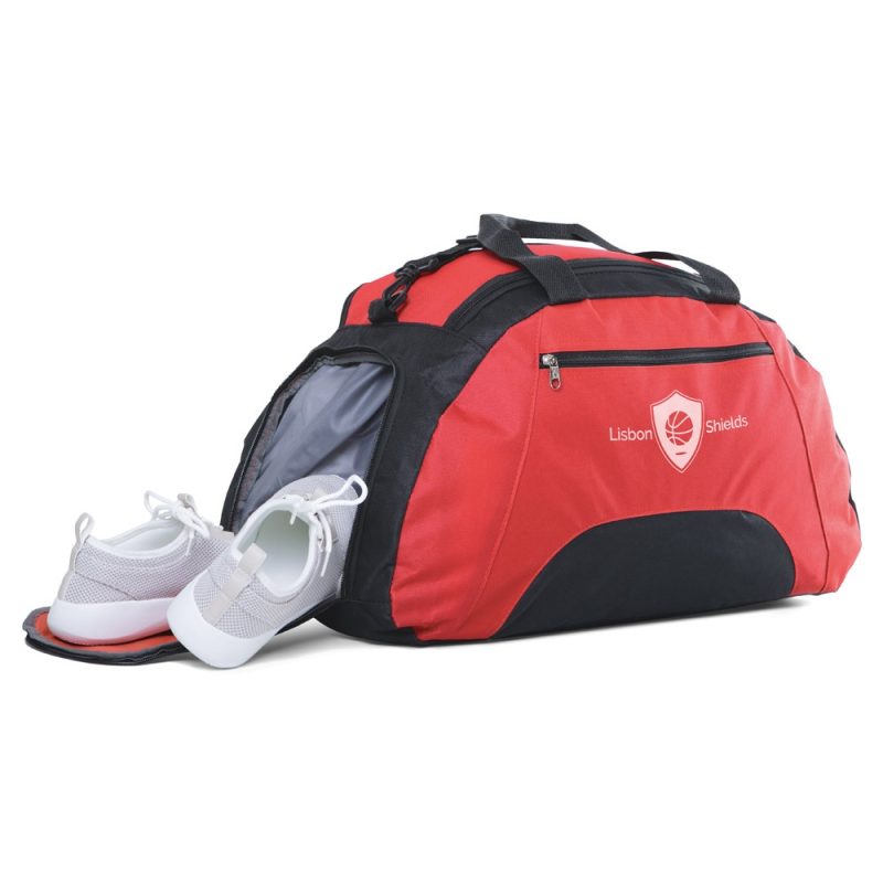 Red sports bag with shoes in a side compartment.
