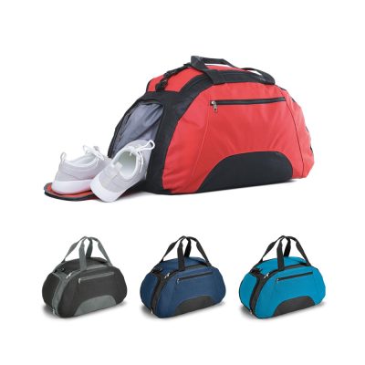 Four colourful duffel bags with a shoe compartment.