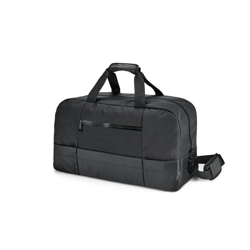 Black travel duffel bag with shoulder strap