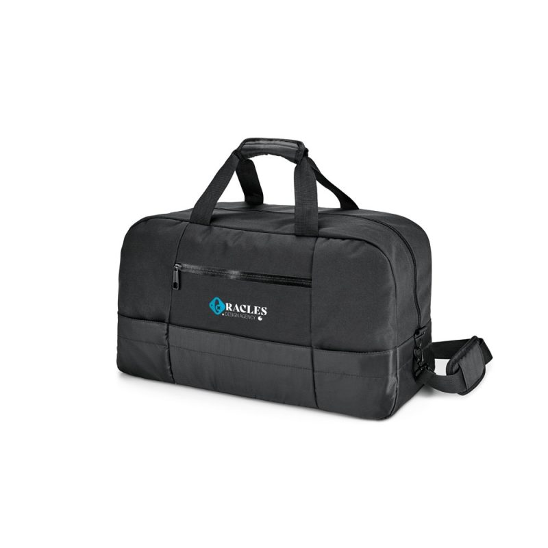 Black travel bag with handles and shoulder strap.