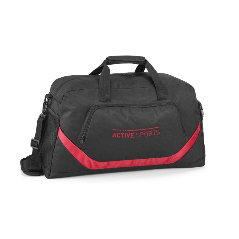 Black sports duffle bag with red accents.