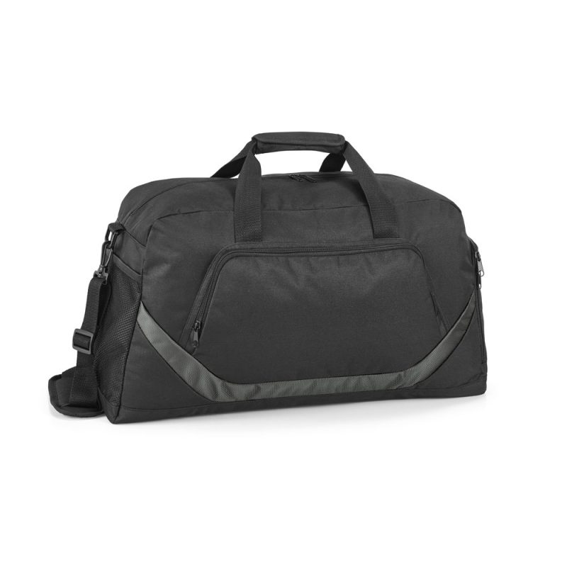 Black duffel bag with shoulder strap and compartments