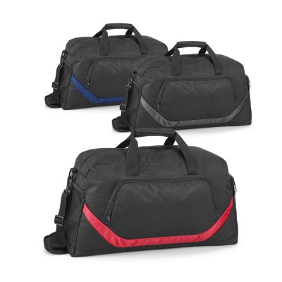 Three black duffel bags with coloured accents.